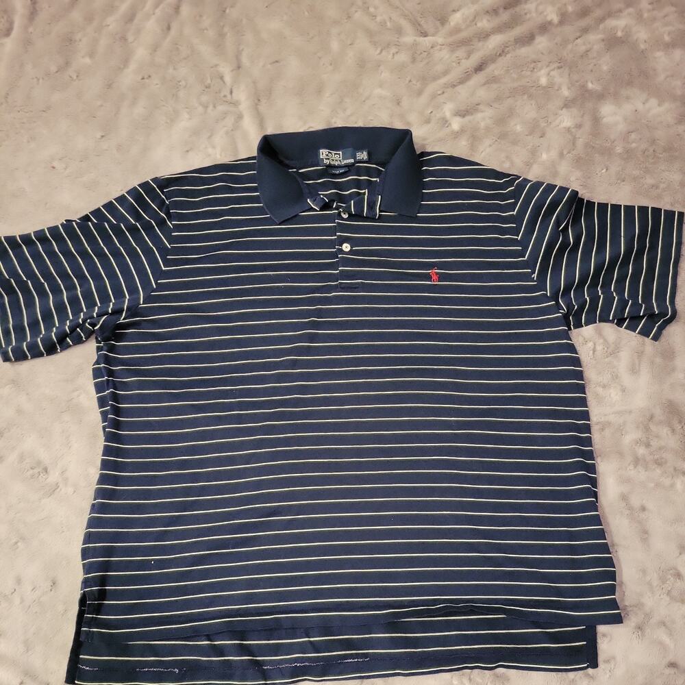 Polo Ralph Lauren Men’s Navy Blue Striped Polo Shirt Red Pony Logo Size XXL